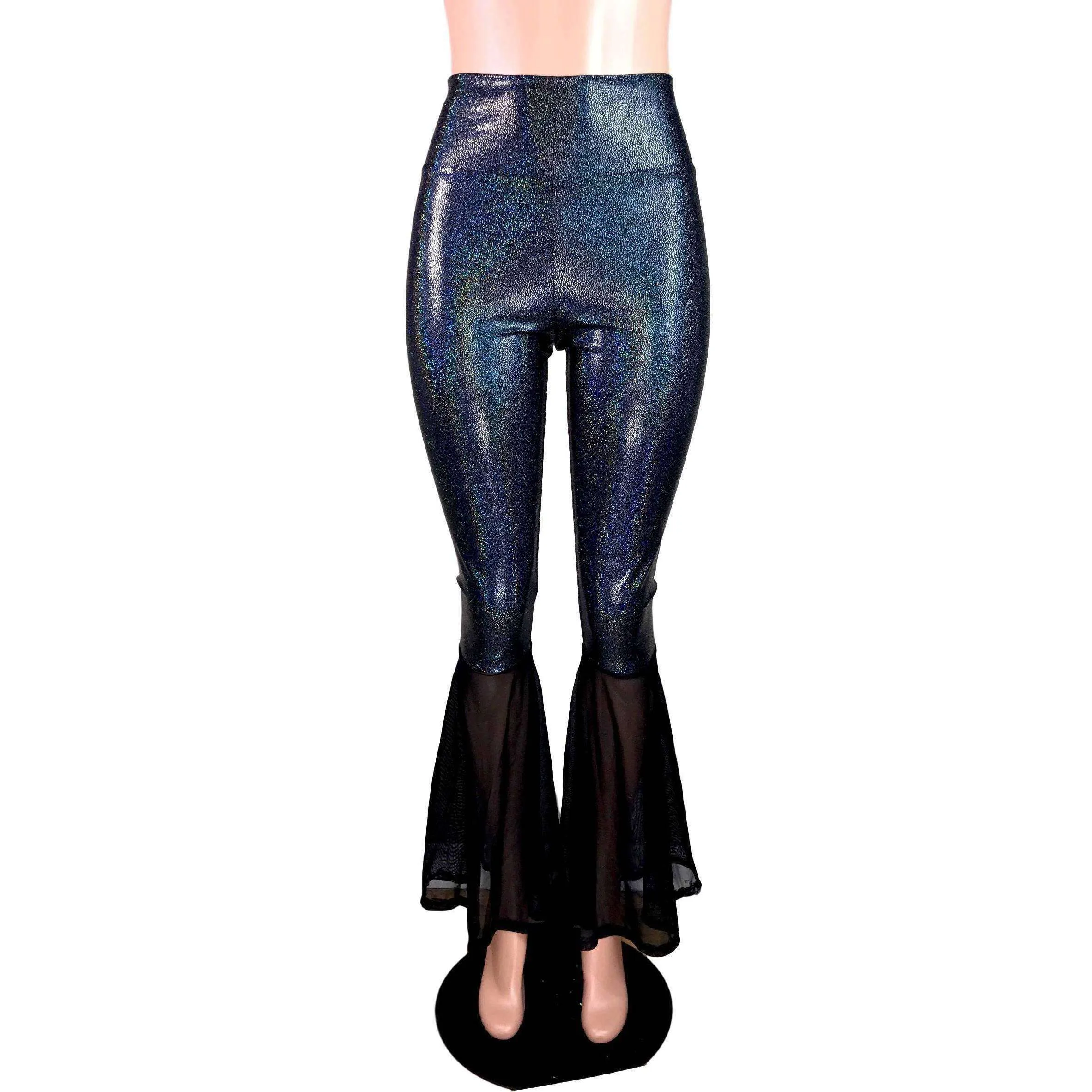 High Waist Bell Bottoms - Black Holographic & Black Mesh