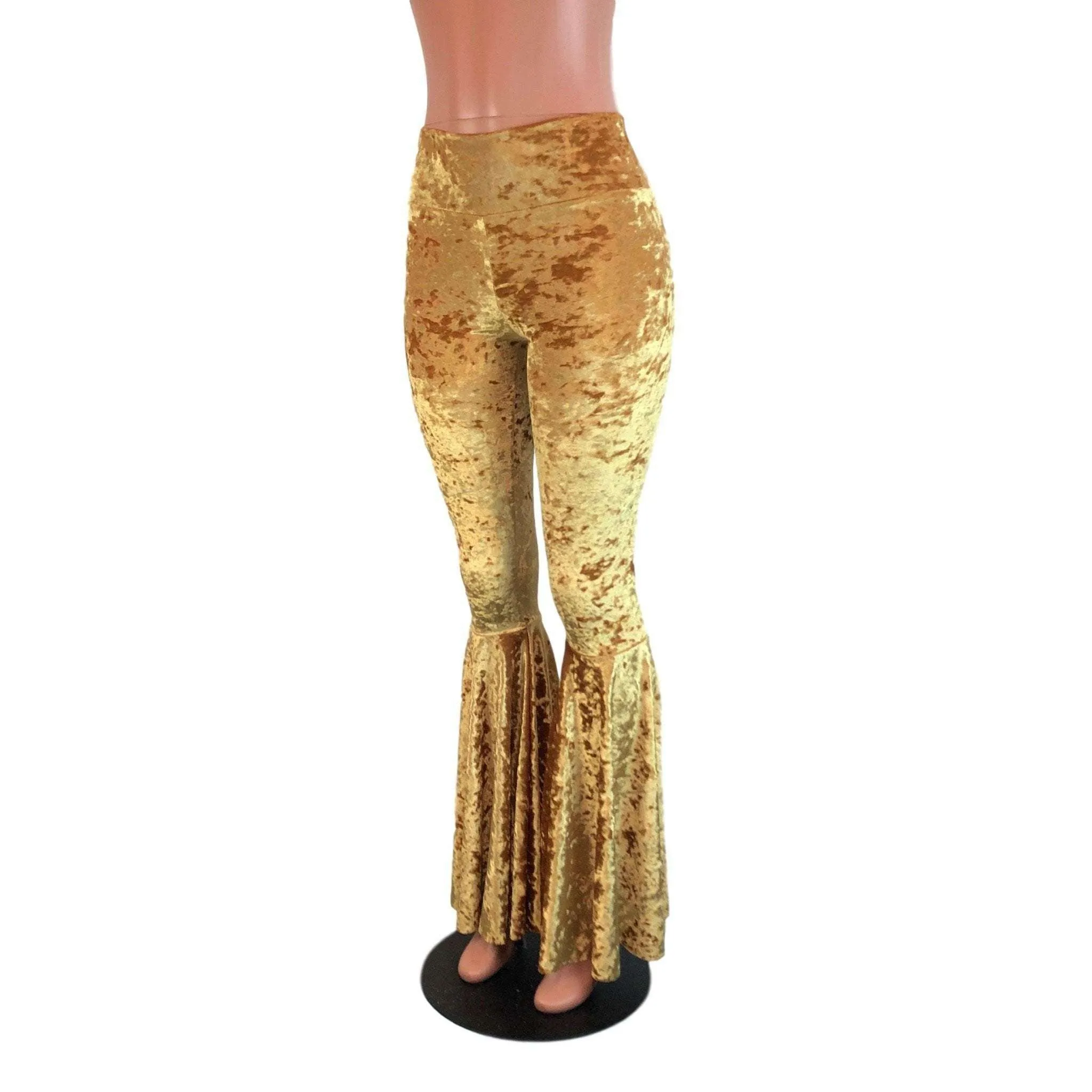 High Waisted Bell Bottom Flares - Gold Crushed Velvet