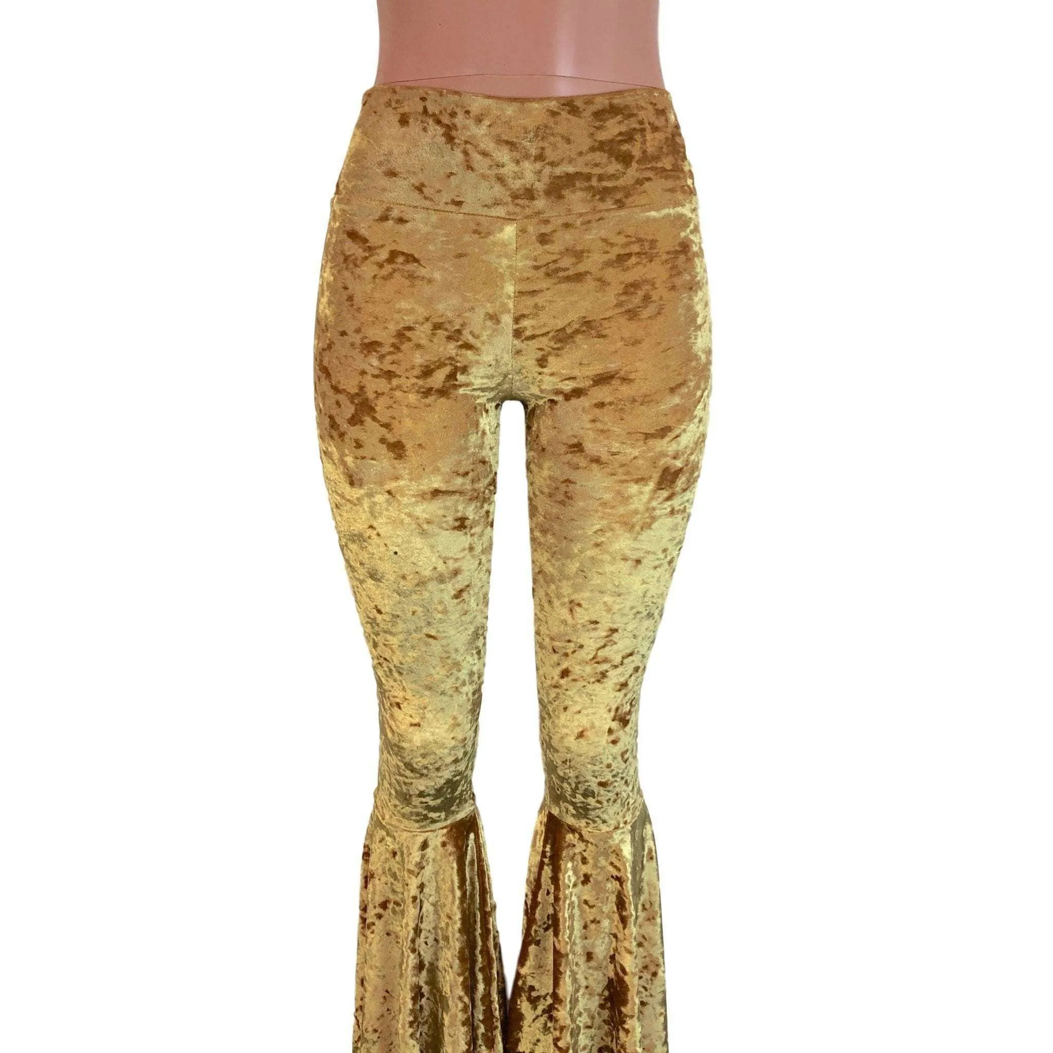 High Waisted Bell Bottom Flares - Gold Crushed Velvet