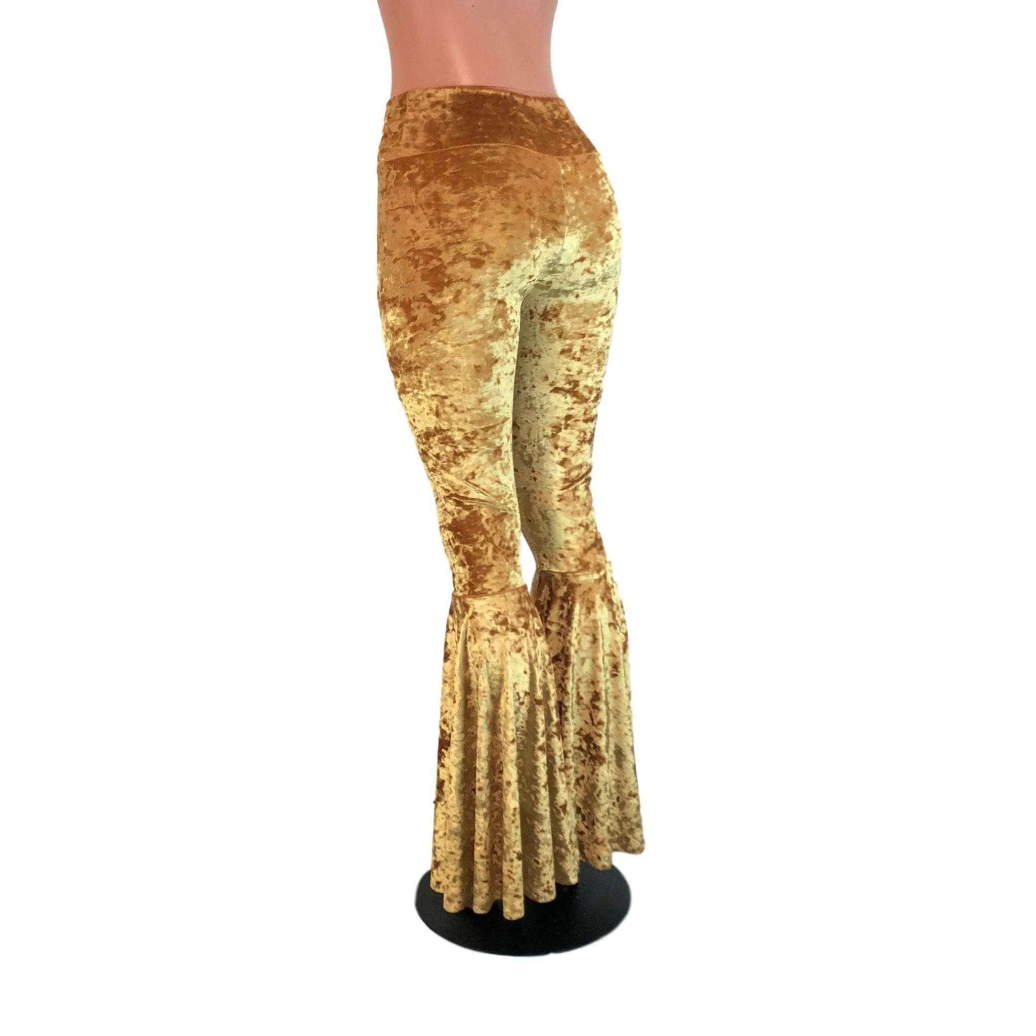 High Waisted Bell Bottom Flares - Gold Crushed Velvet