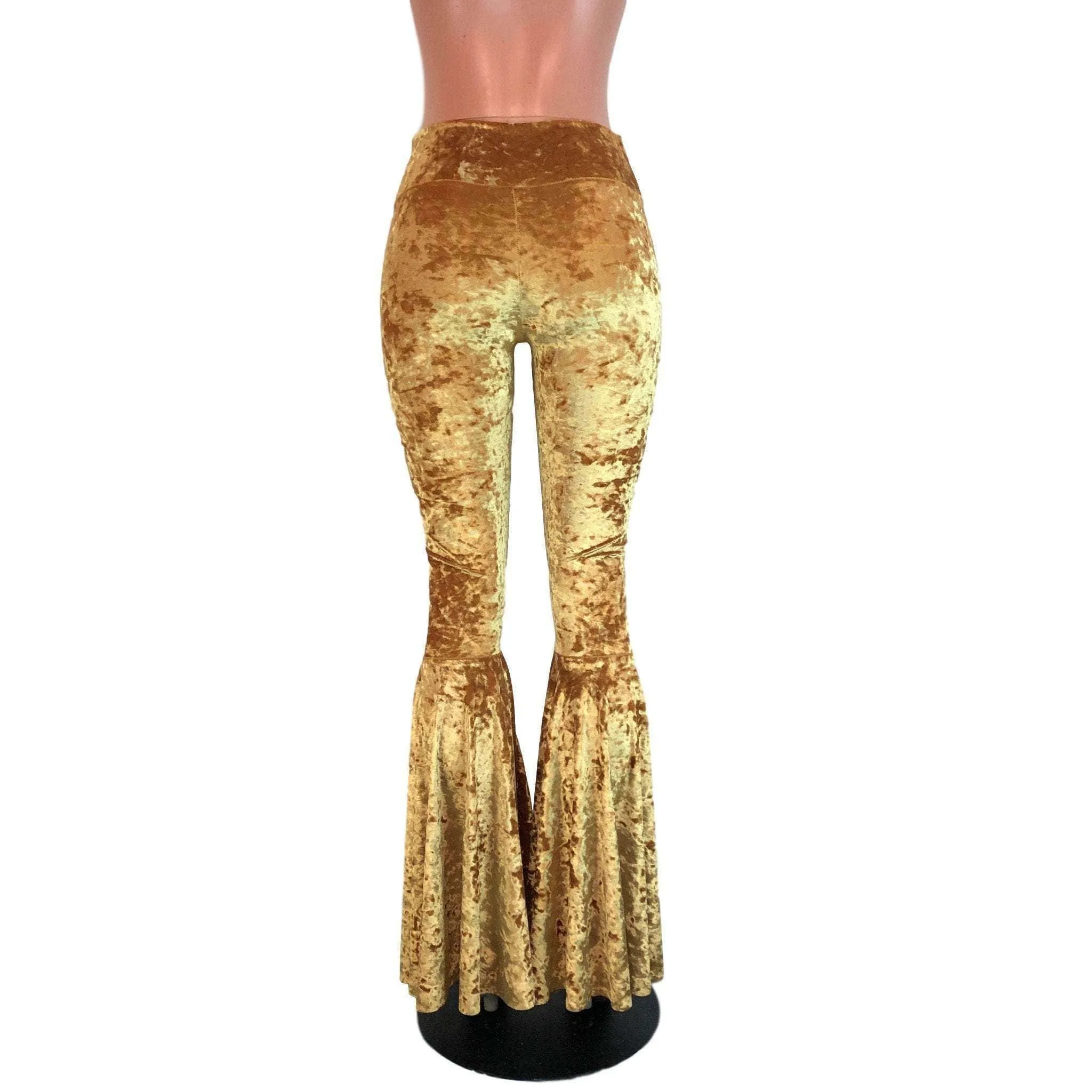 High Waisted Bell Bottom Flares - Gold Crushed Velvet