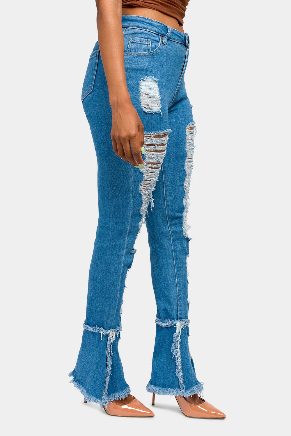 High Waisted Distressed Bootcut Jeans