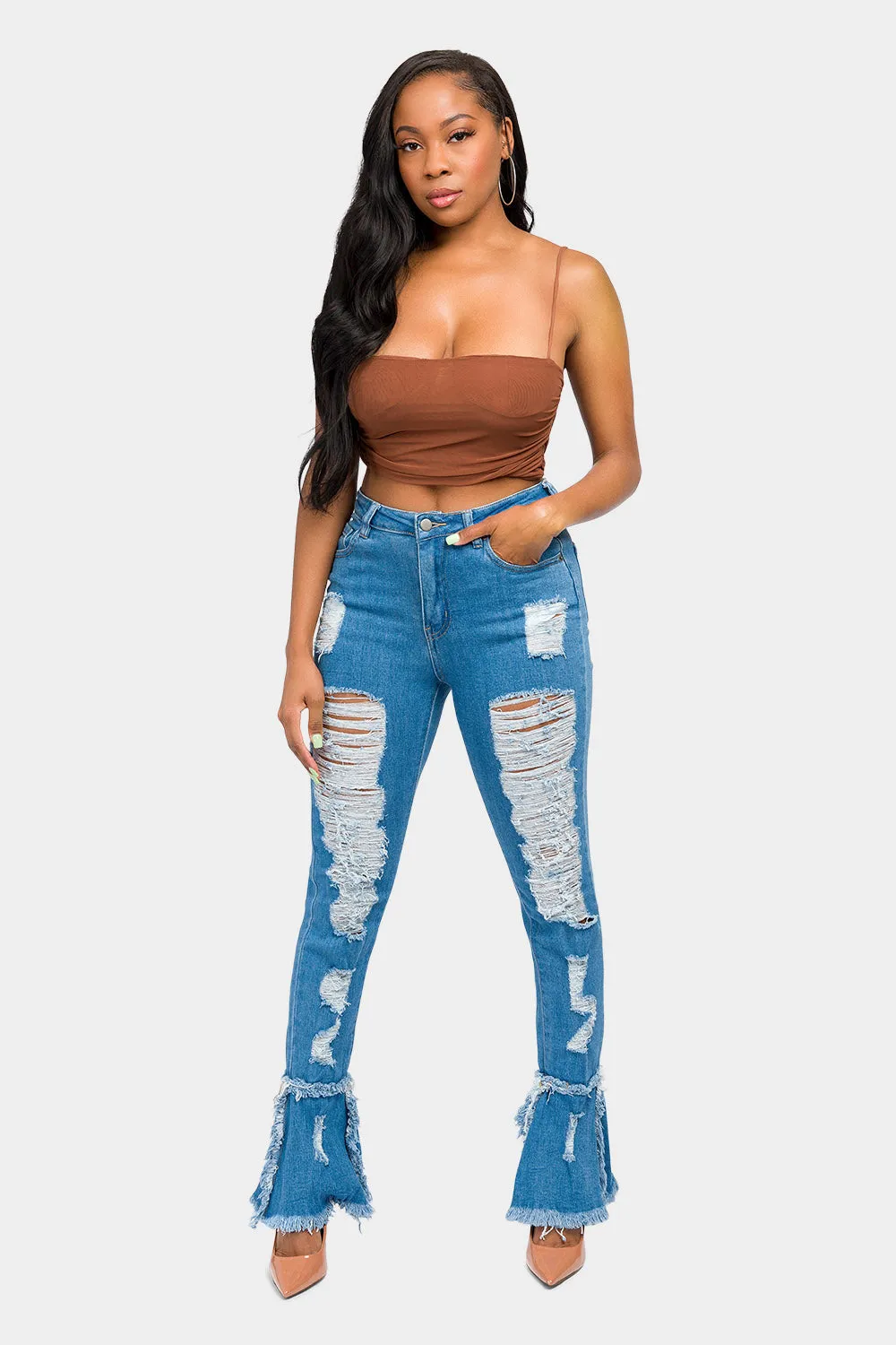 High Waisted Distressed Bootcut Jeans