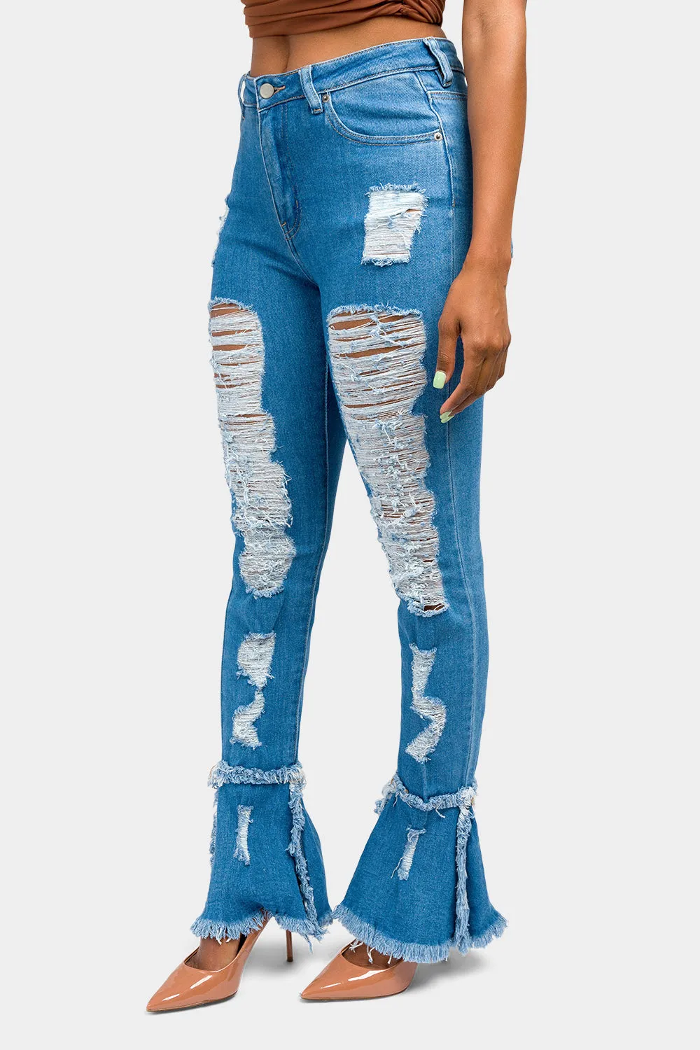 High Waisted Distressed Bootcut Jeans