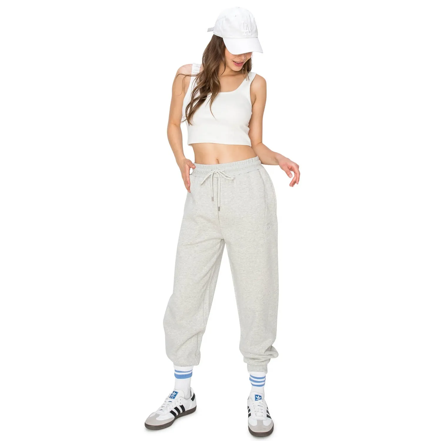 High Waisted Jogger Sweatpants With Los Angeles Embroidery - Heather Grey