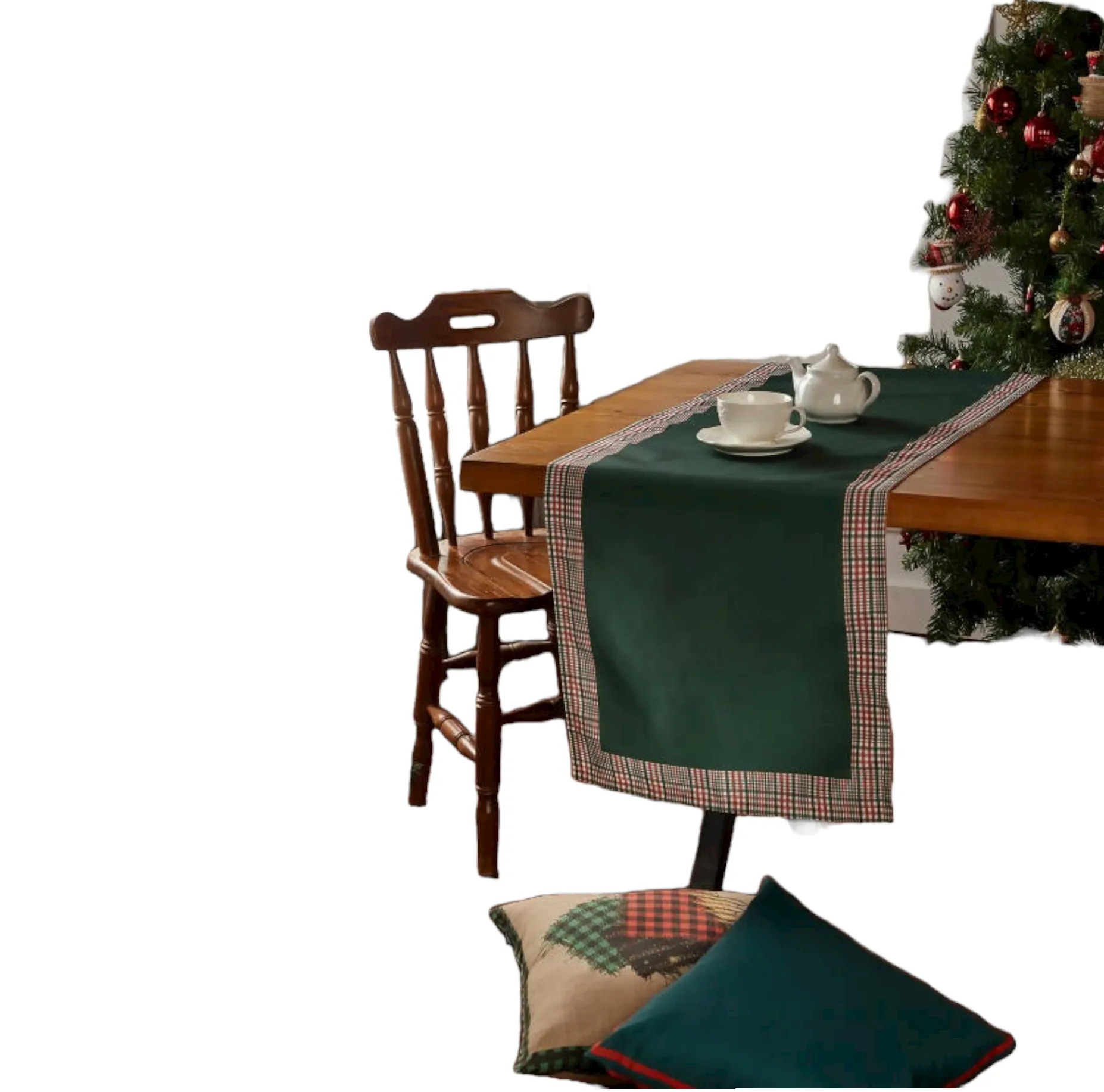 Hunter Green and Red Runner with Plaid Border, Holiday Decor