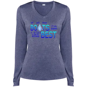 I Like My Boat Best - Ladies LS Heather Dri-Fit V-Neck Tee