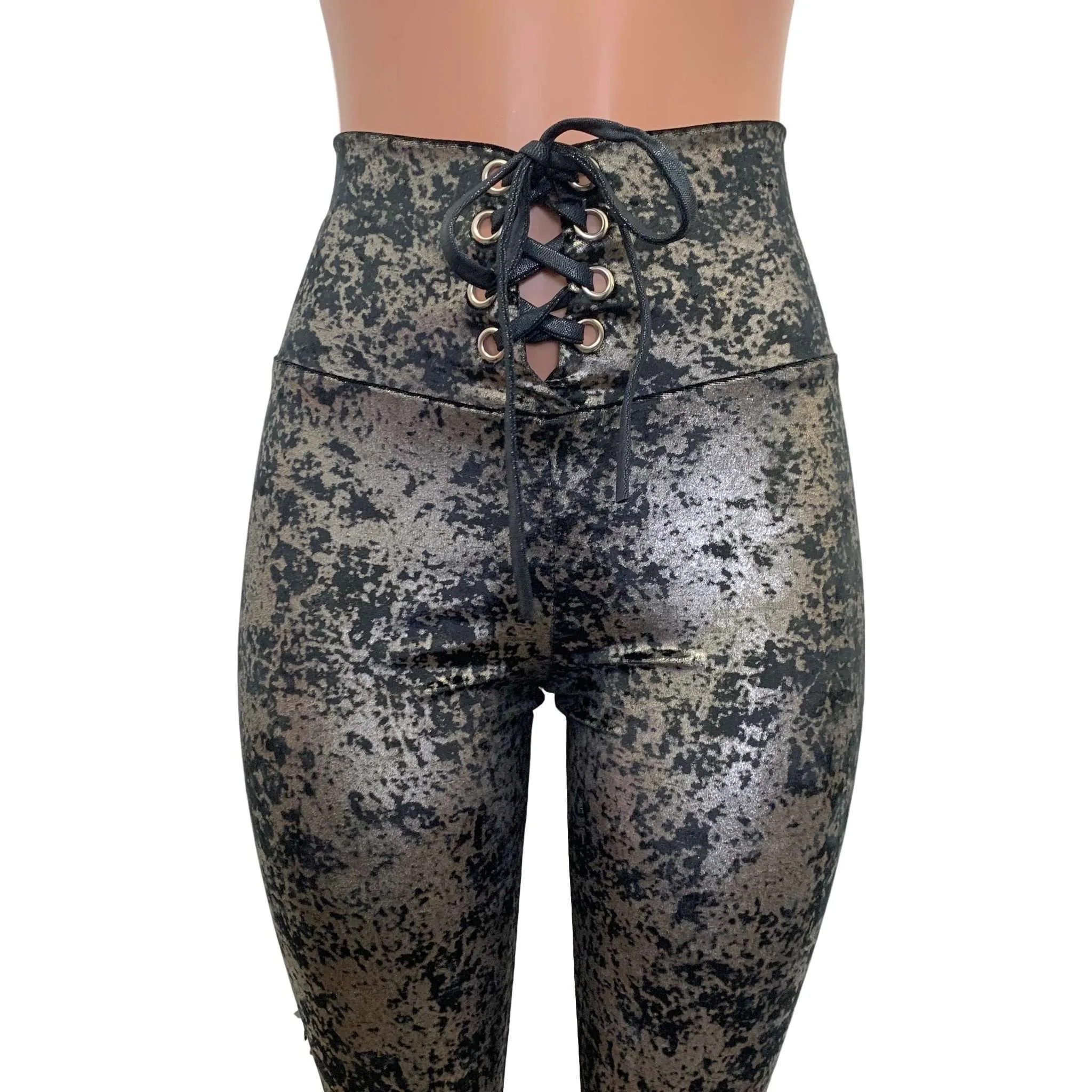 Lace-Up High Waist Leggings - Gunmetal on Black Gilded Velvet