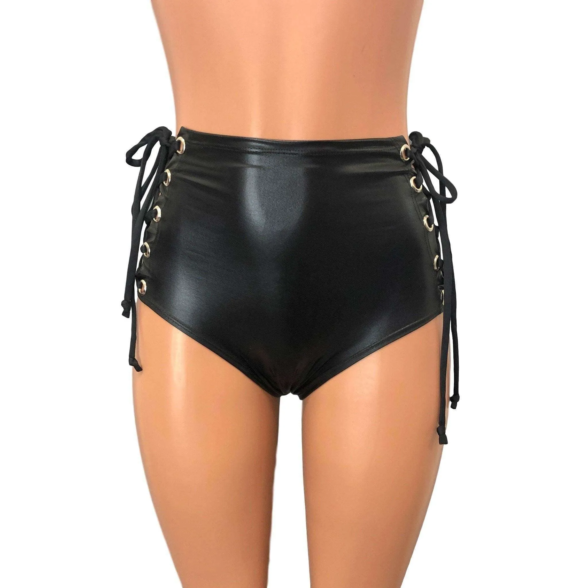 Lace-Up High Waist Scrunch Bikini - Black Metallic