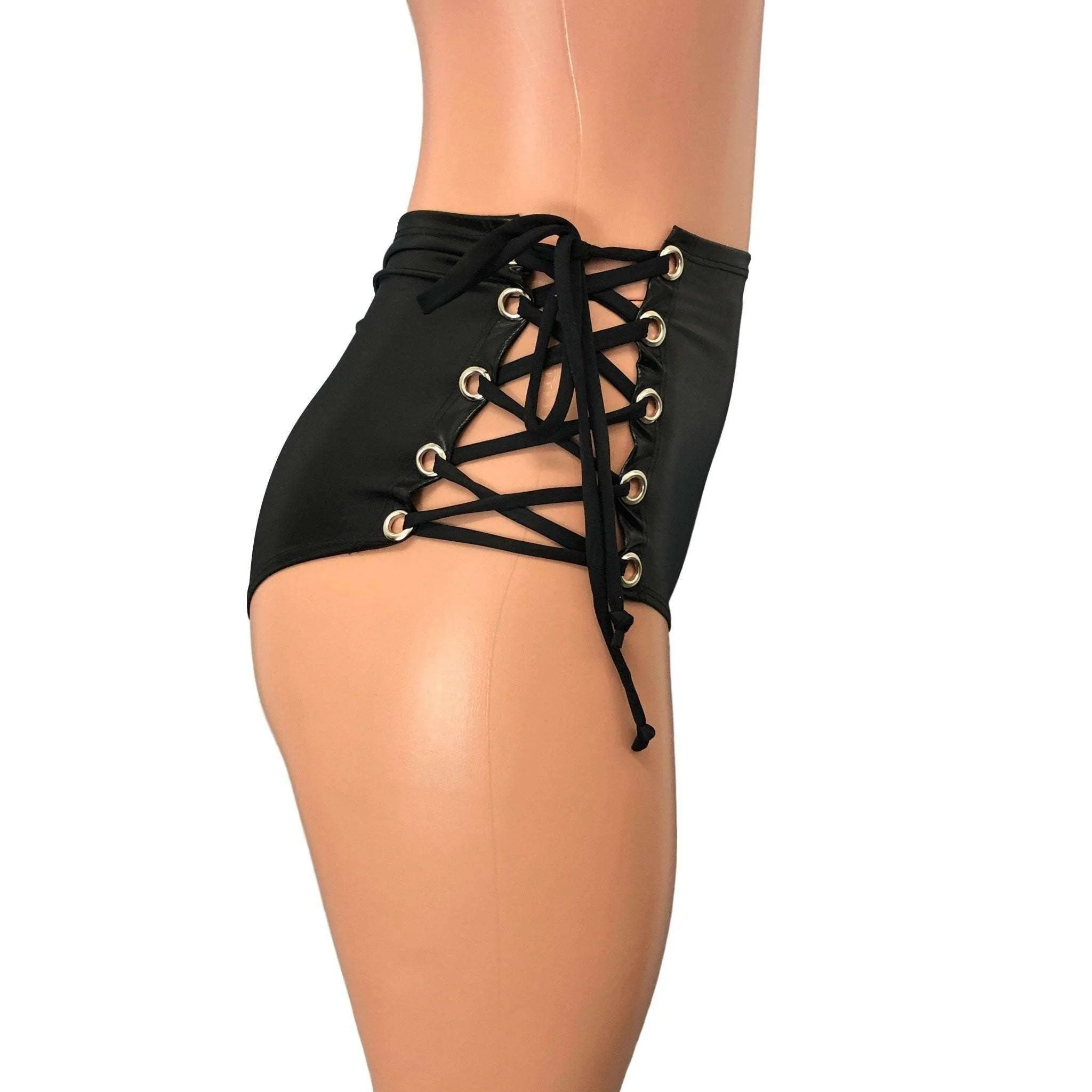 Lace-Up High Waist Scrunch Bikini - Black Metallic