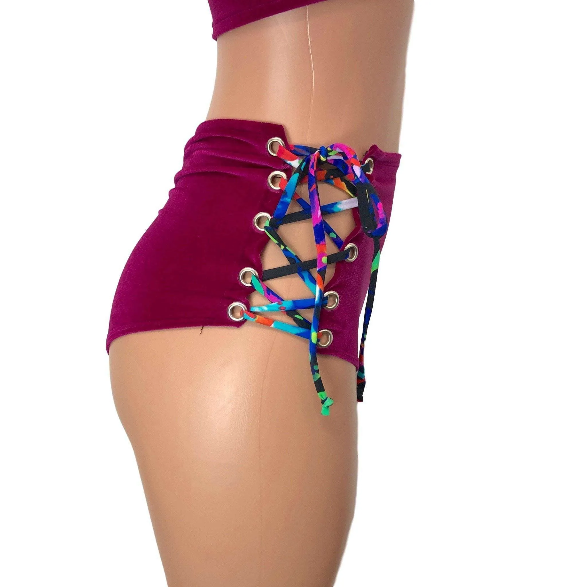 Lace-Up High Waist Scrunch Bikini - Fuchsia Pink Velvet