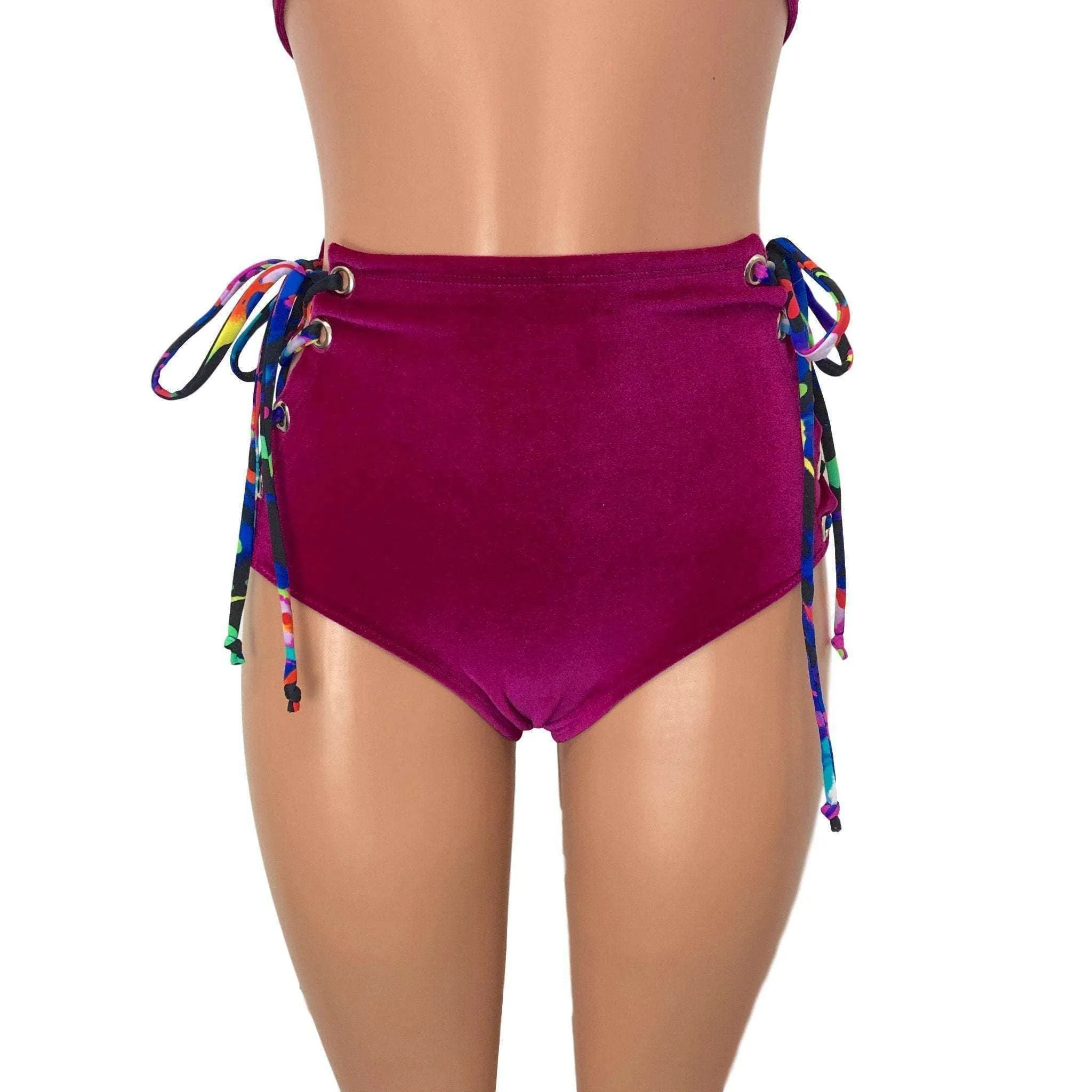 Lace-Up High Waist Scrunch Bikini - Fuchsia Pink Velvet