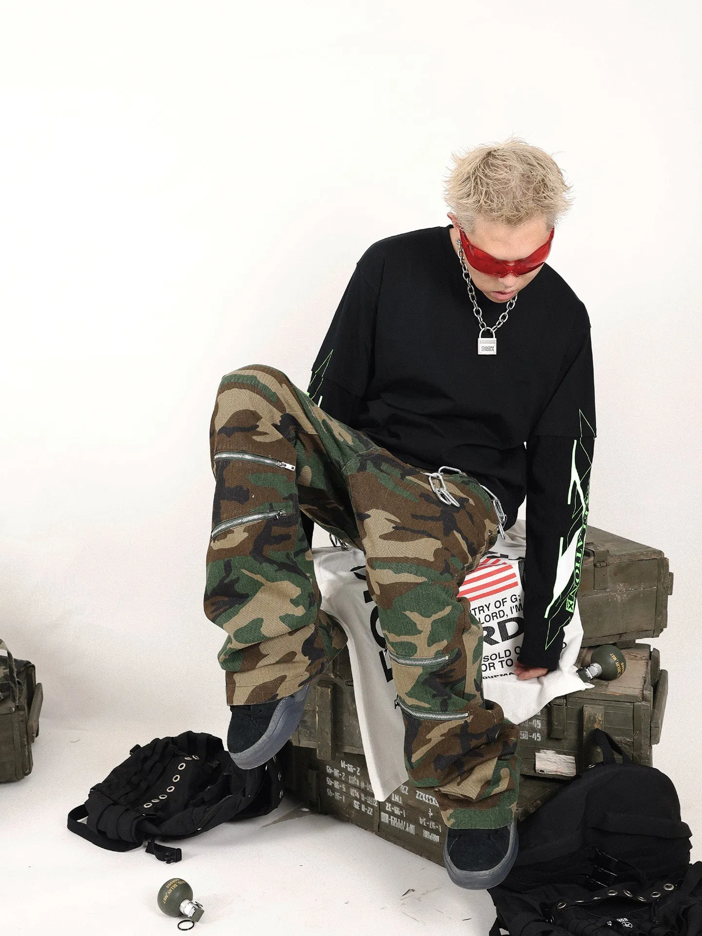 Military Green Camouflage Bootcut Denim Pants