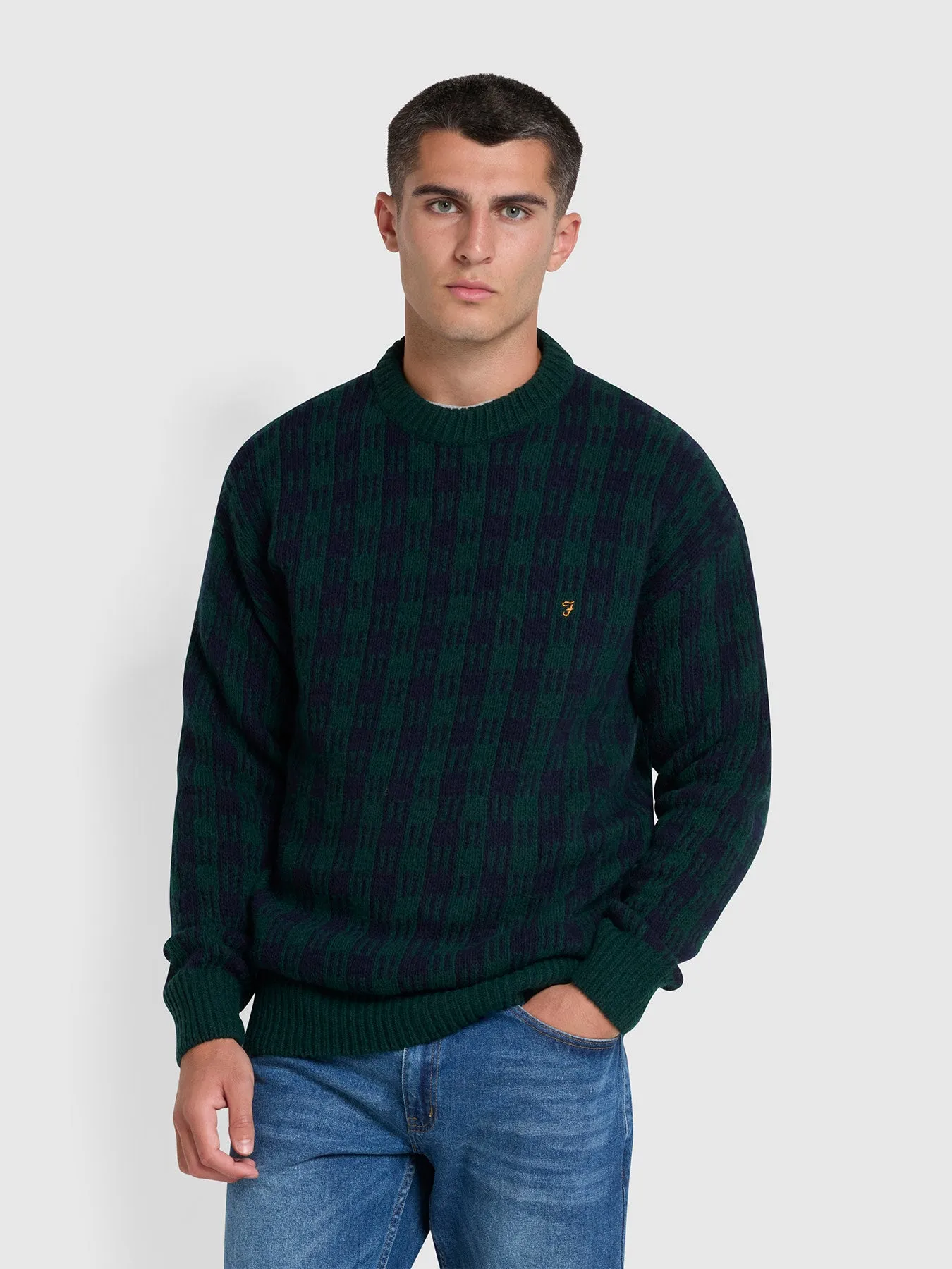 Mossmun Check Crew Neck Jumper In Botanic Green