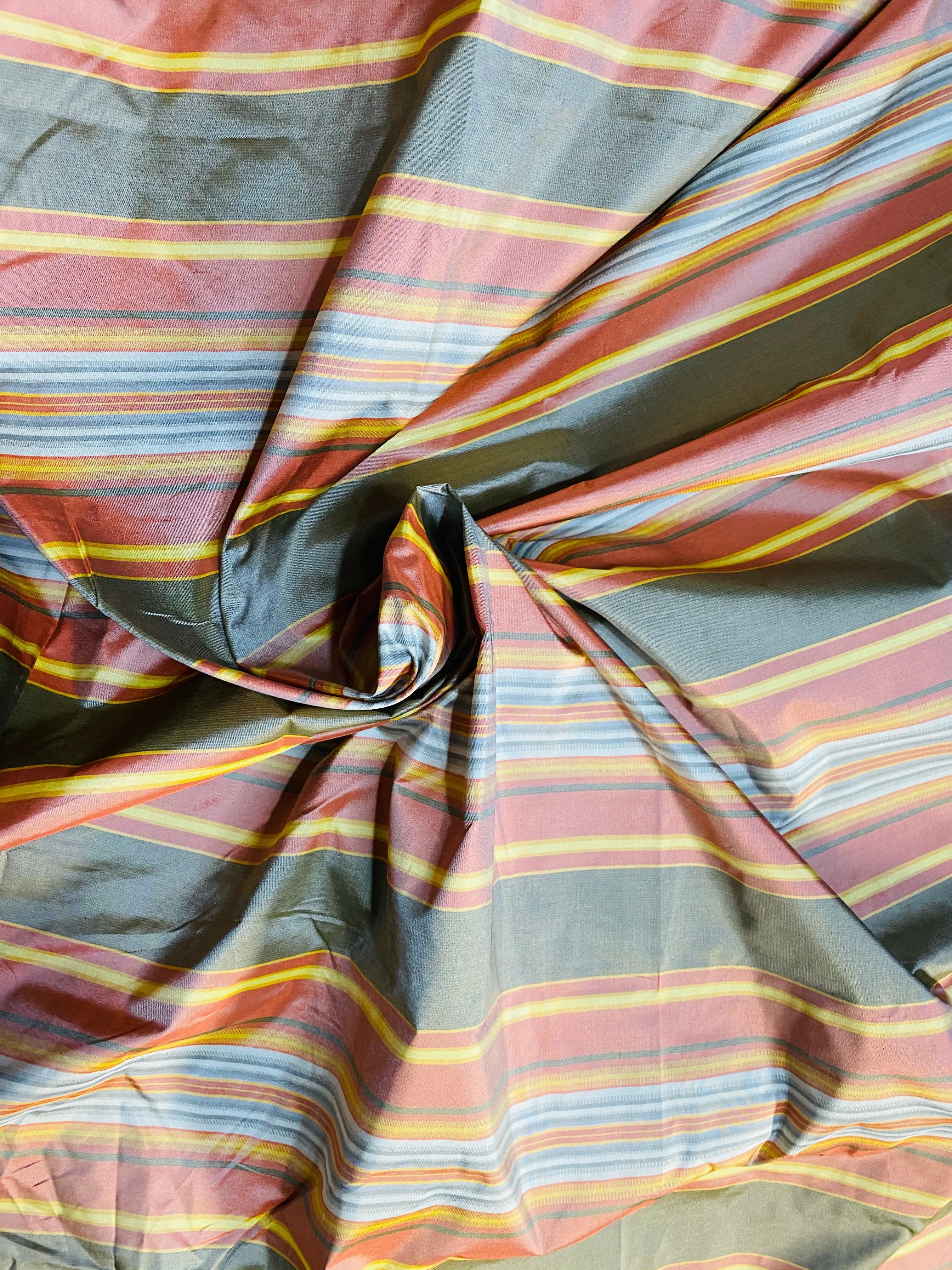 NEW Lady Karen 100% Silk Taffeta Colorful Stripes Fabric - Frosty Gray, Red, Yellow