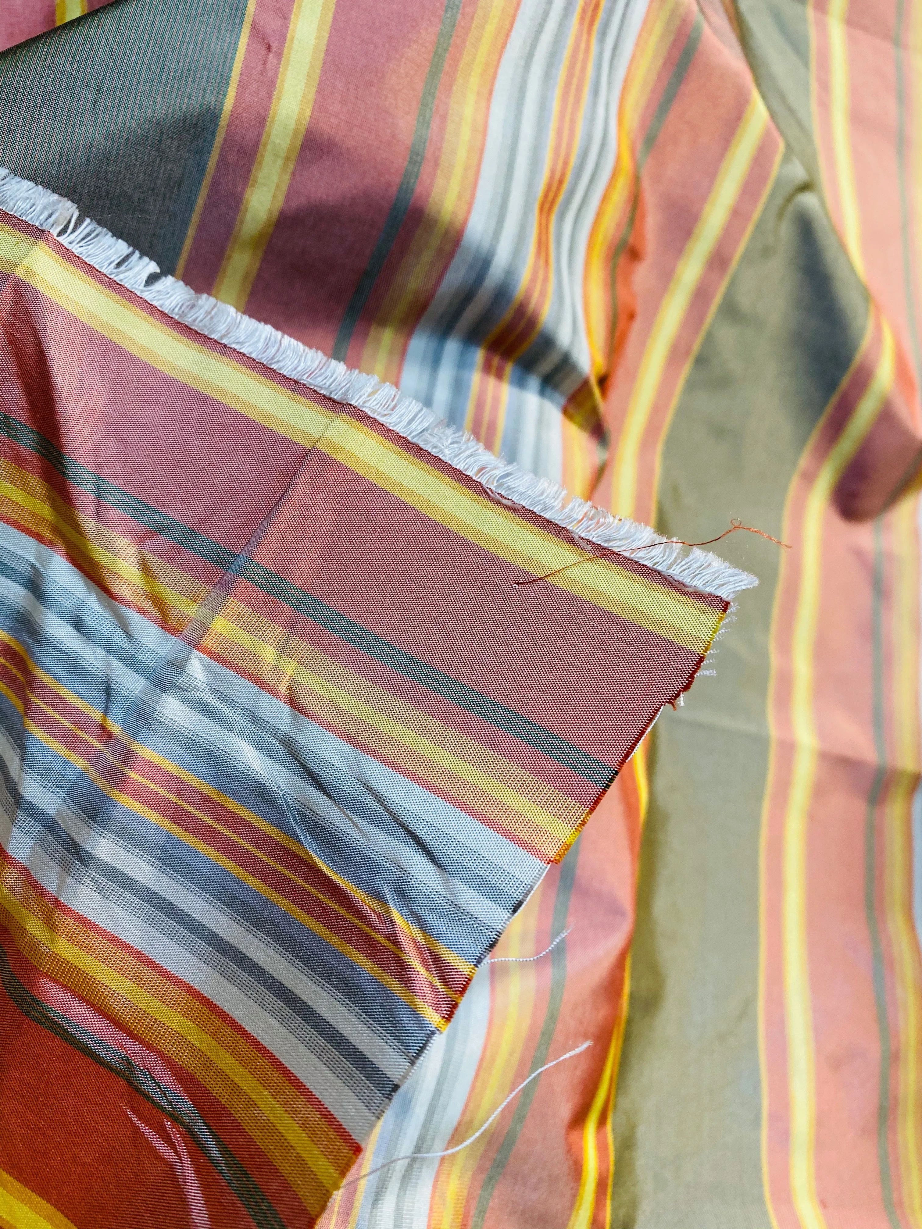 NEW Lady Karen 100% Silk Taffeta Colorful Stripes Fabric - Frosty Gray, Red, Yellow