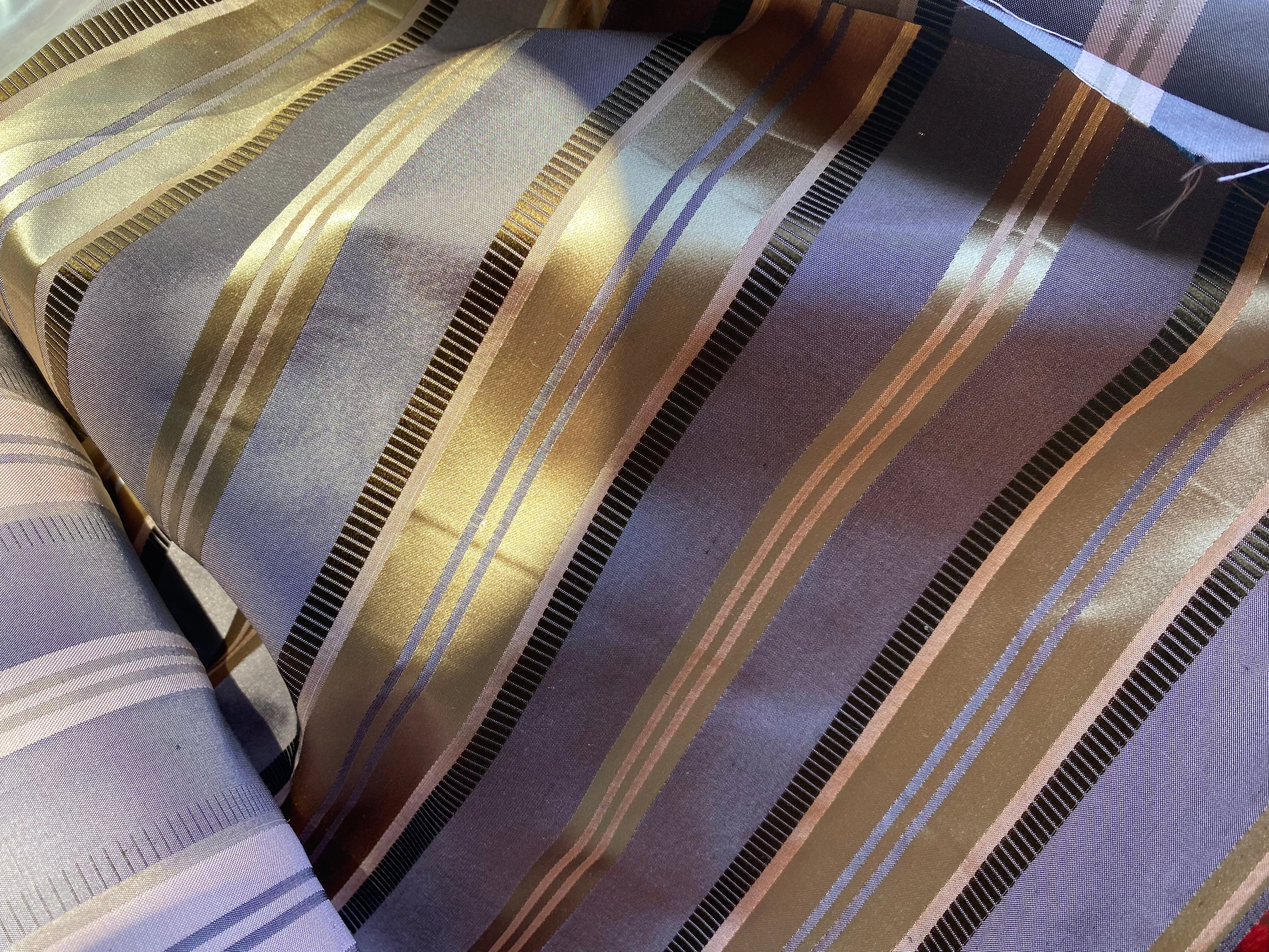 NEW Lady Rosalyn 100% Silk Taffeta Fabric in Purple Gold Stripes