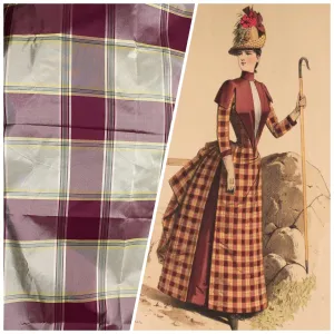 NEW Miss Dorothy 100% Silk Taffeta Plaid Tartan Fabric in White Cream and Burgundy Red SB_6_22