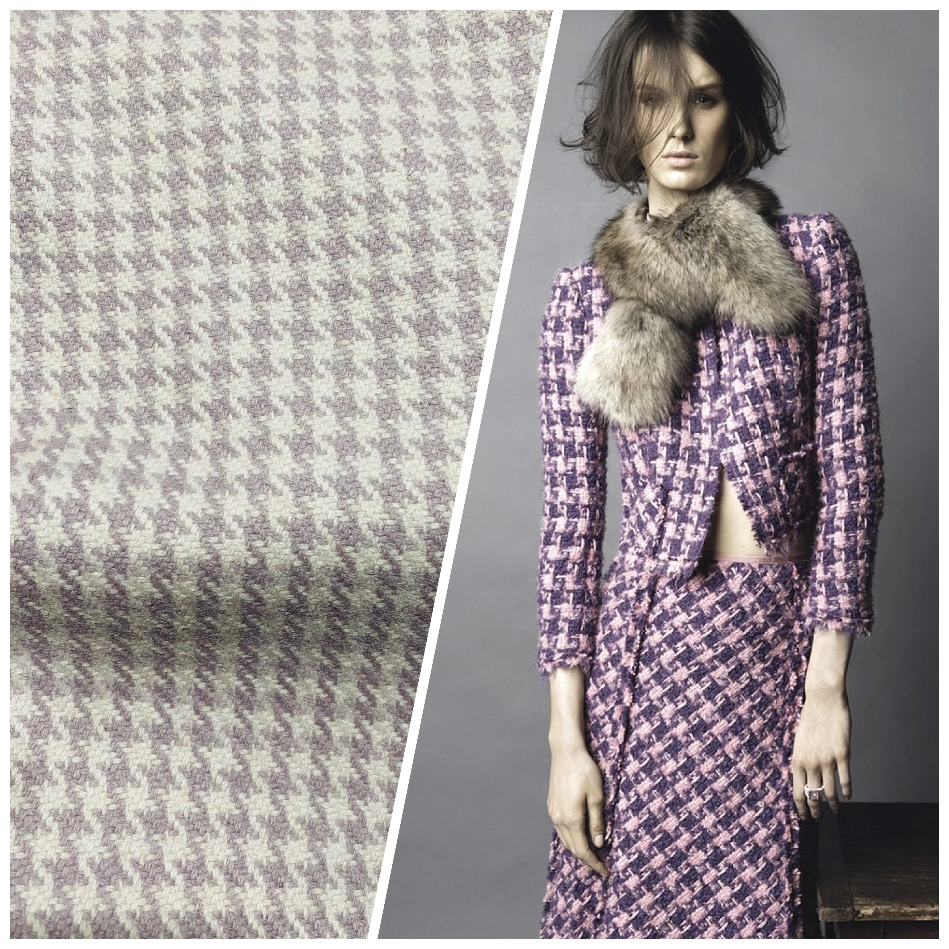 NEW Pincess Ziggy Designer 100% Wool Houndstooth Fabric in Lavender and Cream