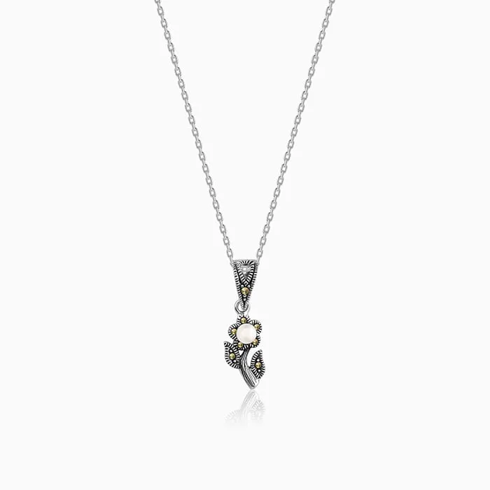 Oxidised Silver Pearl Fleur Pendant With Link Chain