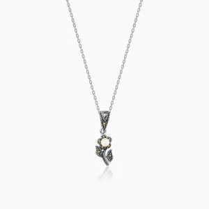 Oxidised Silver Pearl Fleur Pendant With Link Chain