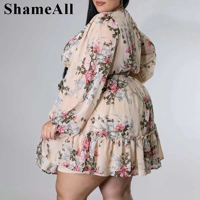 Plus Size Floral Print Beach Dress - Chic Knee-Length Summer Dress with Full Sleeves