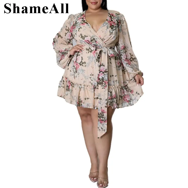 Plus Size Floral Print Beach Dress - Chic Knee-Length Summer Dress with Full Sleeves