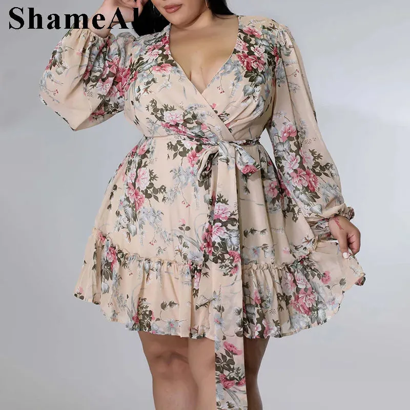 Plus Size Floral Print Beach Dress - Chic Knee-Length Summer Dress with Full Sleeves