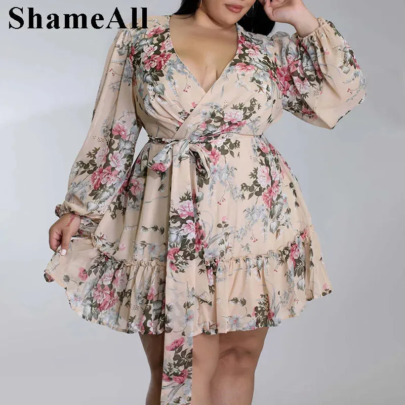 Plus Size Floral Print Beach Dress - Chic Knee-Length Summer Dress with Full Sleeves