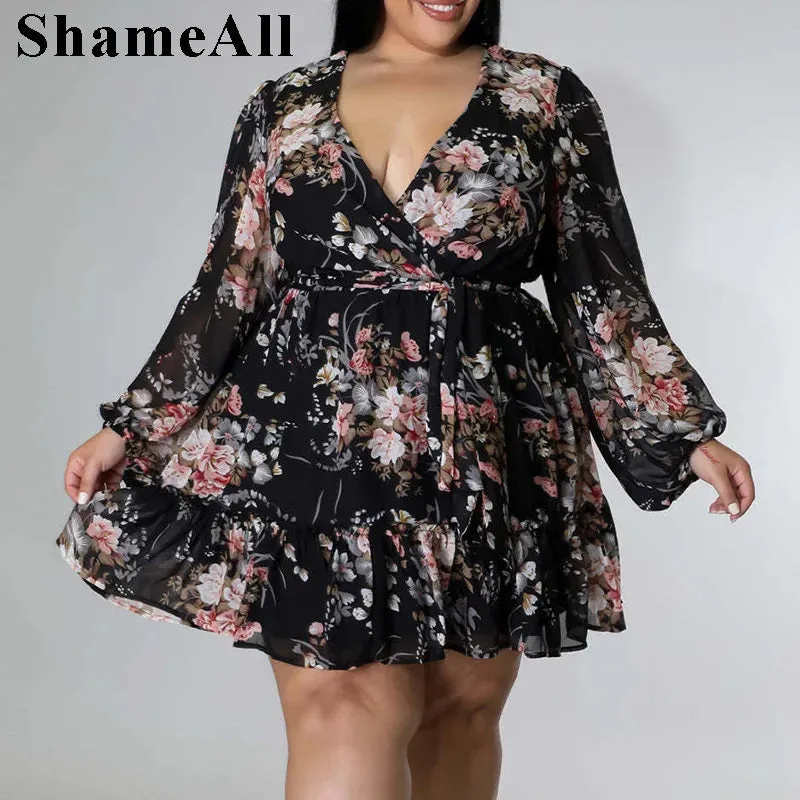 Plus Size Floral Print Beach Dress - Chic Knee-Length Summer Dress with Full Sleeves