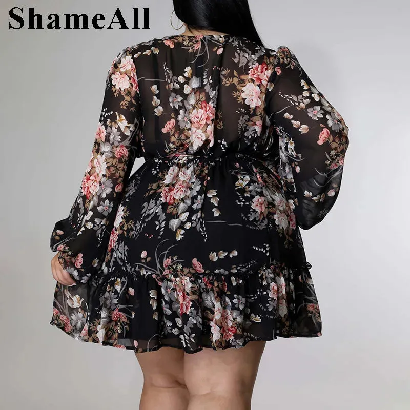 Plus Size Floral Print Beach Dress - Chic Knee-Length Summer Dress with Full Sleeves