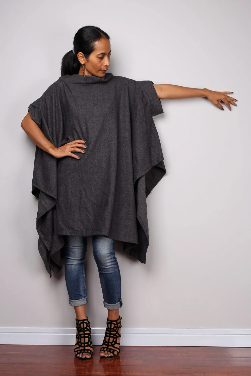 Poncho, oversized sweater, grey cape, poncho dress, tunic dress, cape dress, grey sweater