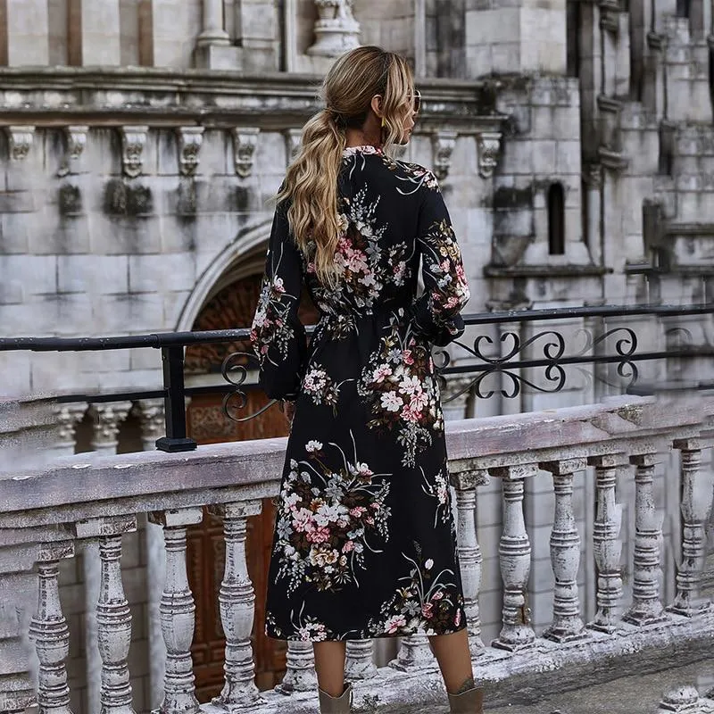 Puff Sleeve Autumn Winter Floral Dress