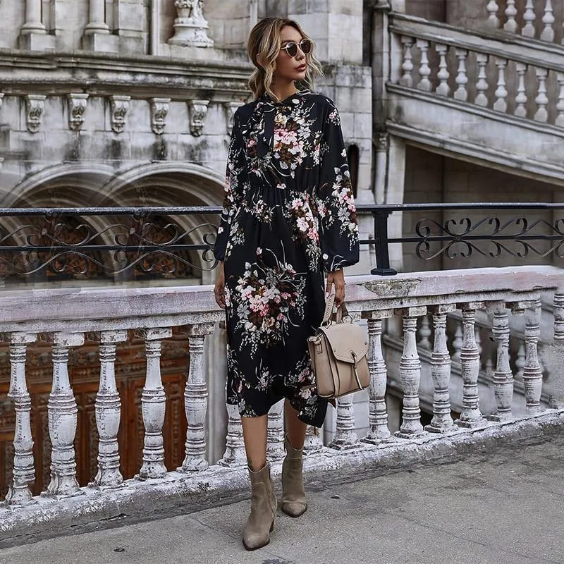 Puff Sleeve Autumn Winter Floral Dress