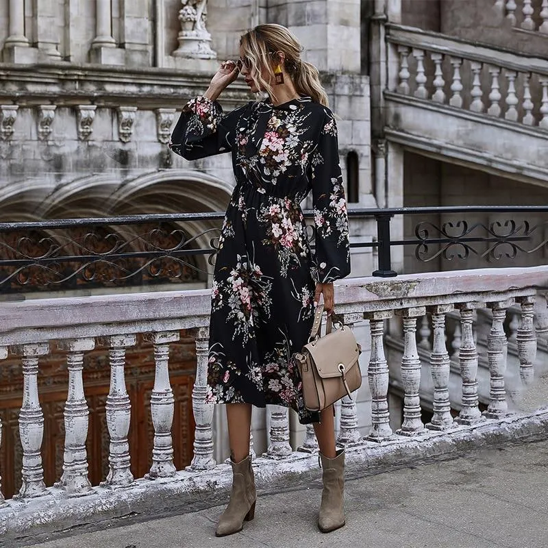 Puff Sleeve Autumn Winter Floral Dress