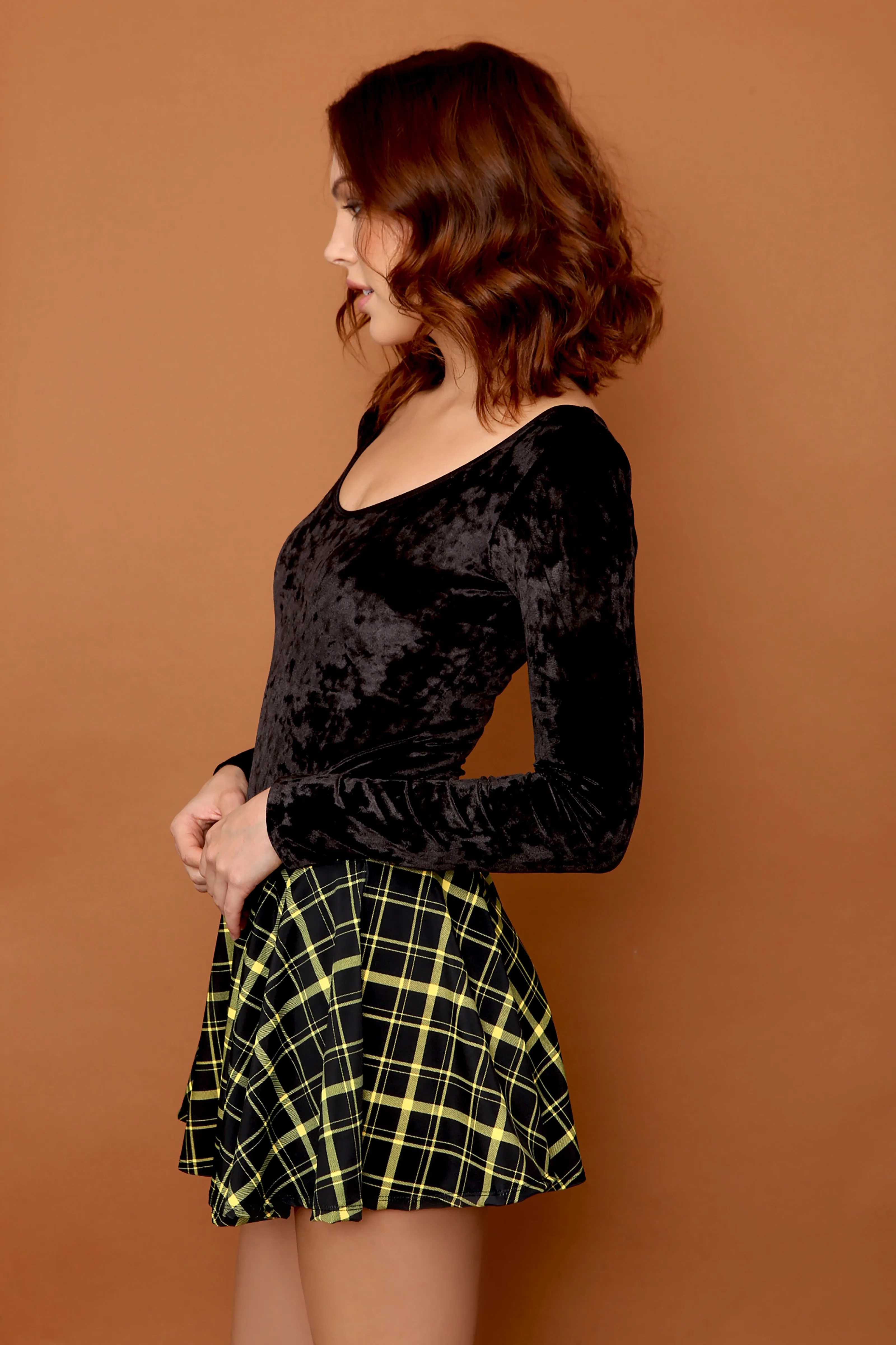 Retro Plaid Flirty Circle Skirt in Black and Yellow