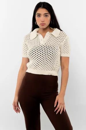 RFK54 - Mesh Knit Cropped Polo Sweater