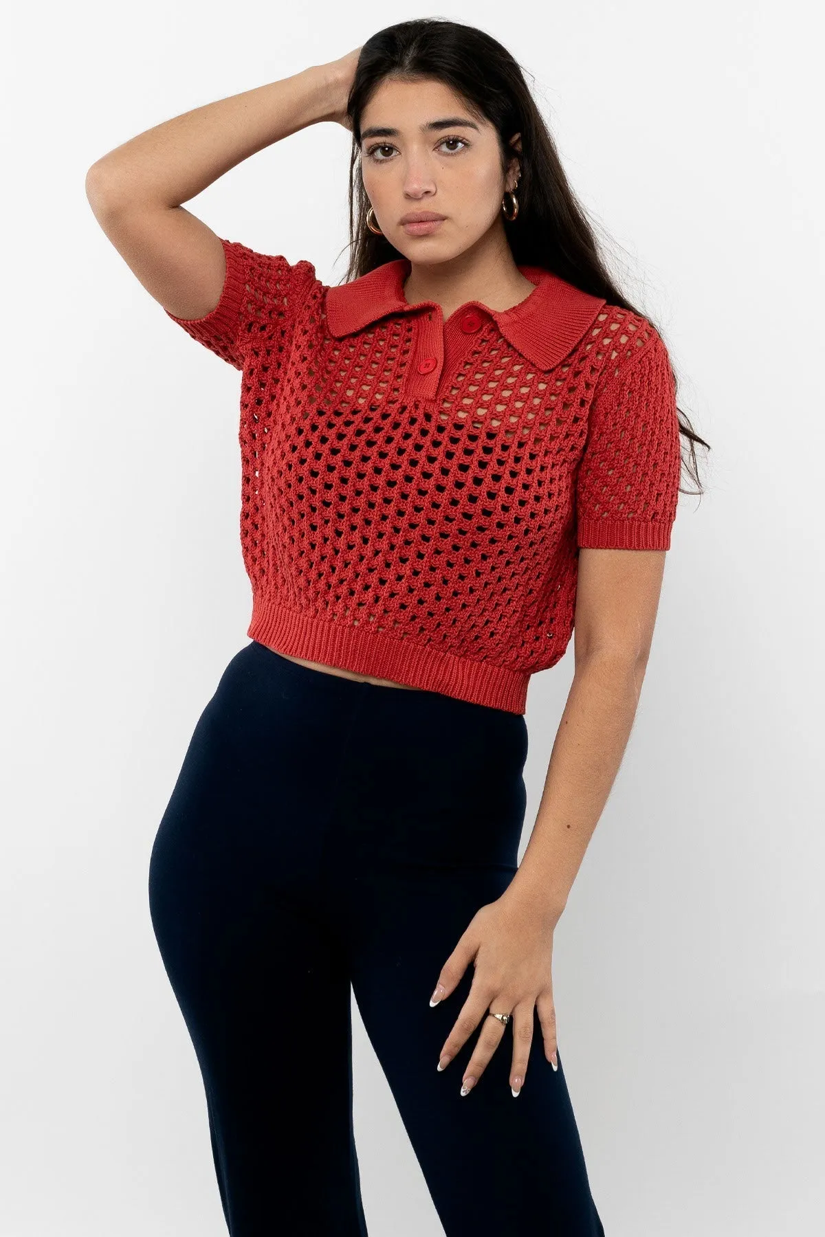 RFK54 - Mesh Knit Cropped Polo Sweater