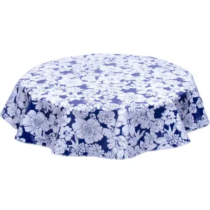 Round Oilcloth Tablecloth Chelsea Flowers on Navy with Elastic