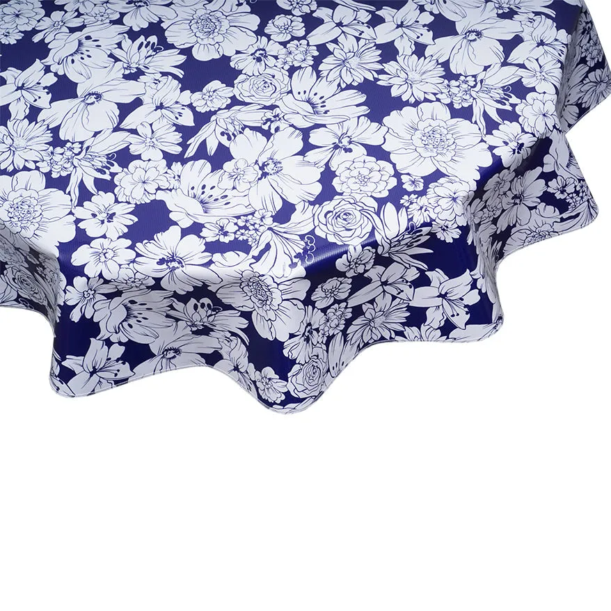 Round Oilcloth Tablecloth Chelsea Flowers on Navy with Elastic