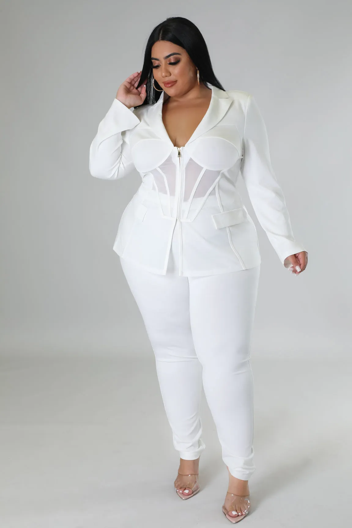 Royal Curves Off White Stretch Slim Pant Set