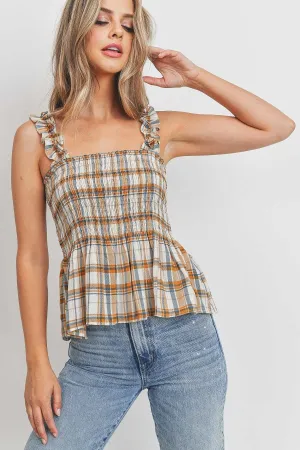 Ruffle Strap Smocked Peplum Plaid