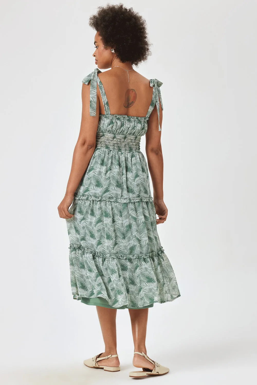 Sage Palm Print Tie Shoulder Midi Dress