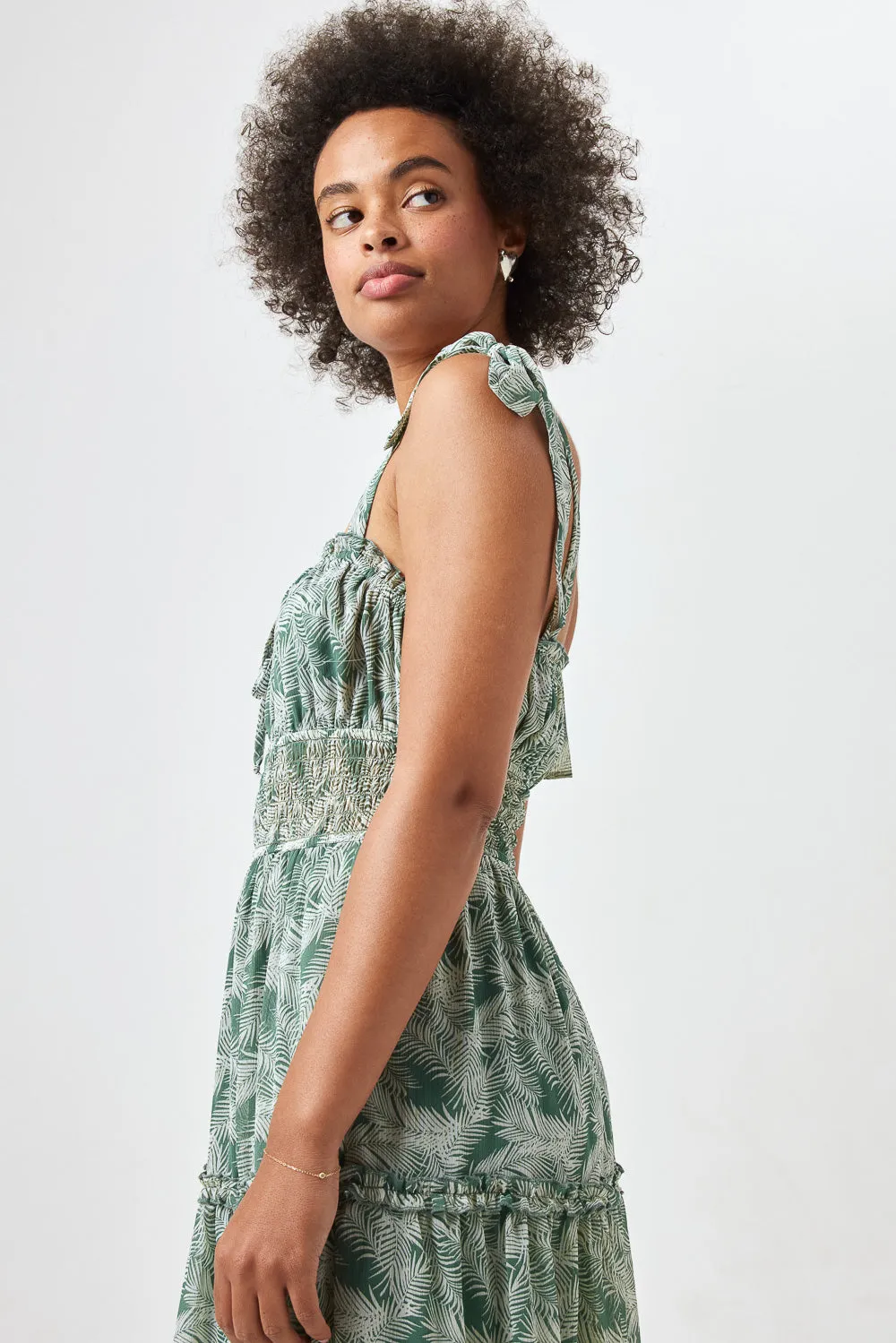 Sage Palm Print Tie Shoulder Midi Dress