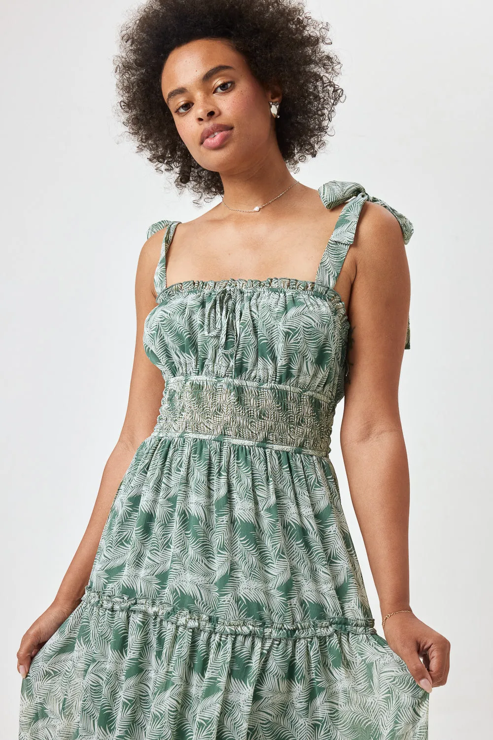 Sage Palm Print Tie Shoulder Midi Dress