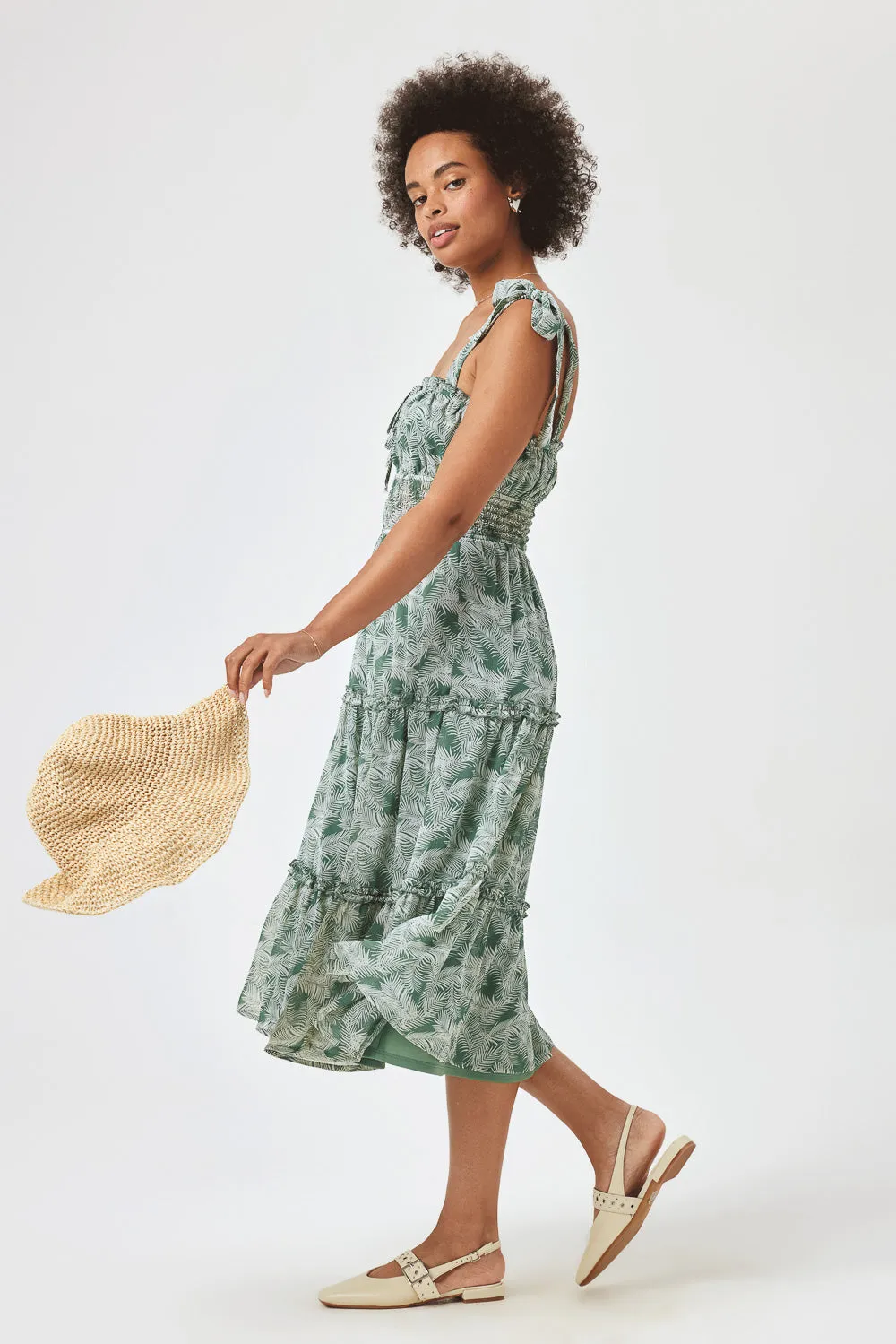 Sage Palm Print Tie Shoulder Midi Dress