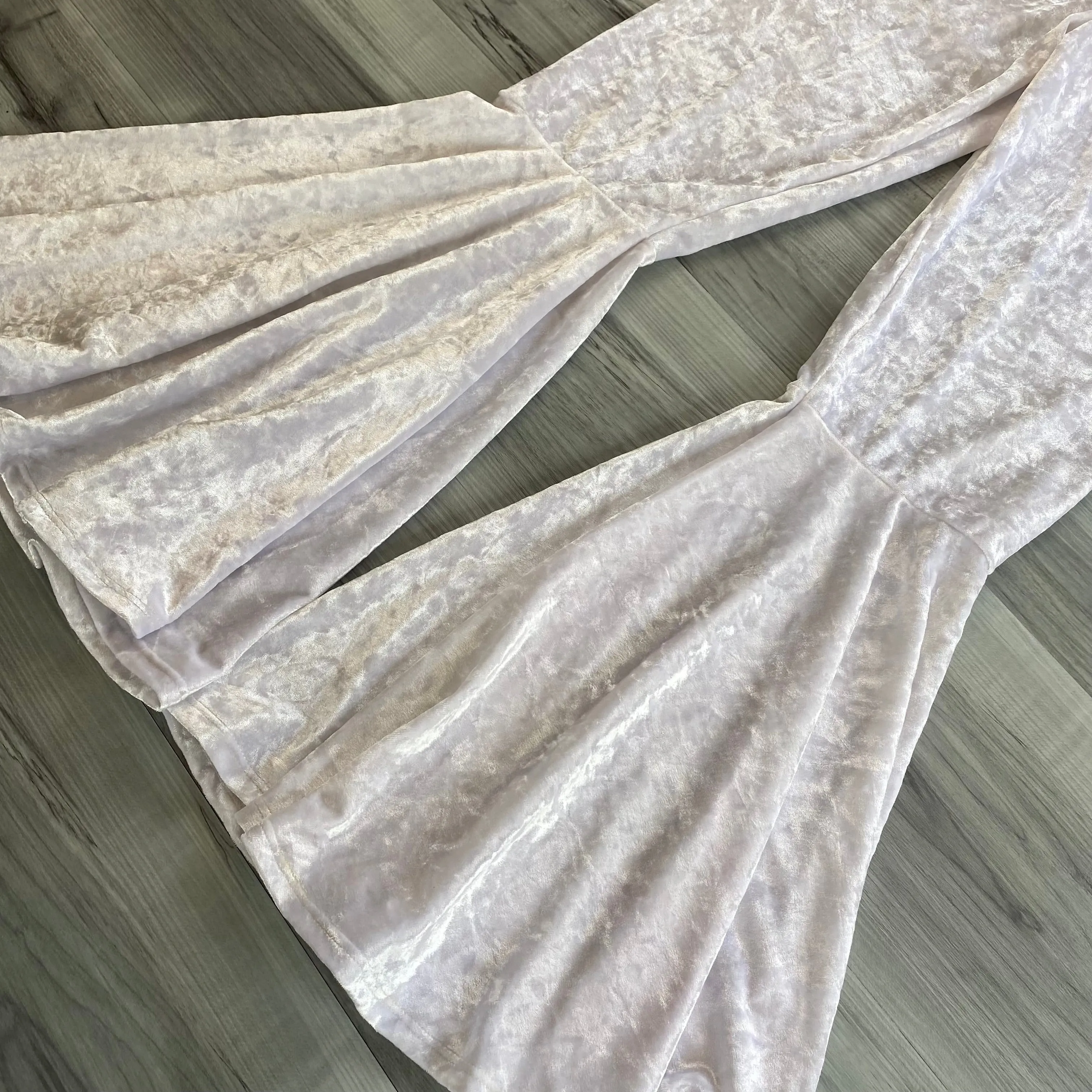 SALE - SMALL - 27" Inseam - High Waisted Bell Bottom Flares - White Crushed Velvet