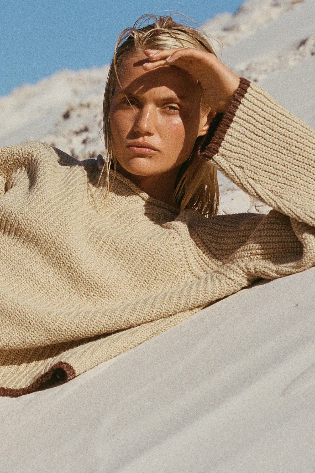 Sand Contrast Rib Knit Jumper