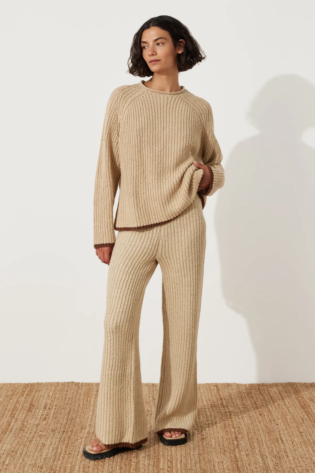 Sand Contrast Rib Knit Jumper