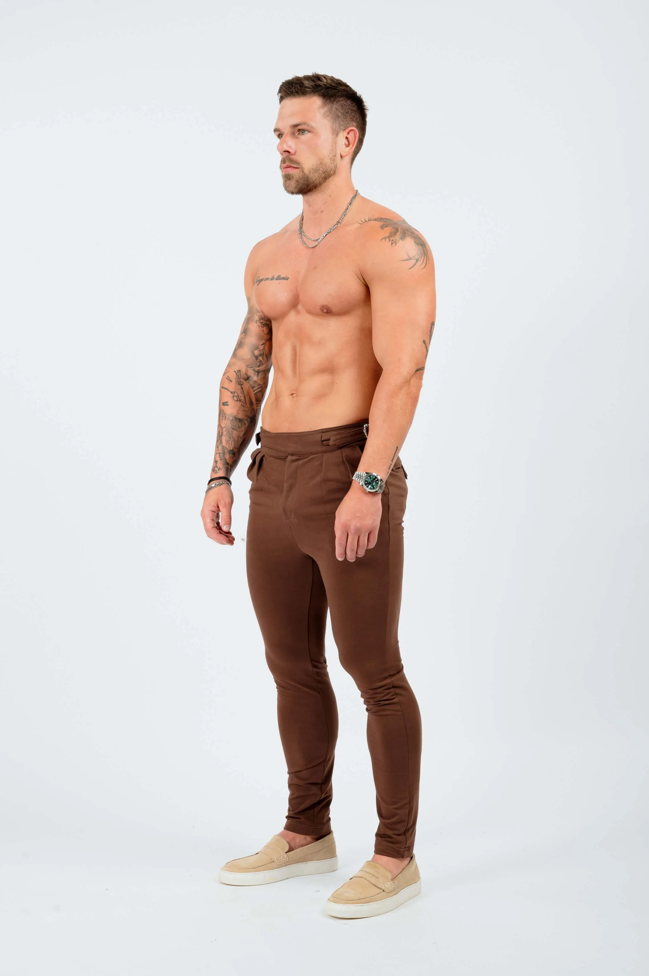 SLIM FIT HIGH WAISTED TROUSER W/SIDE CINCH - BROWN